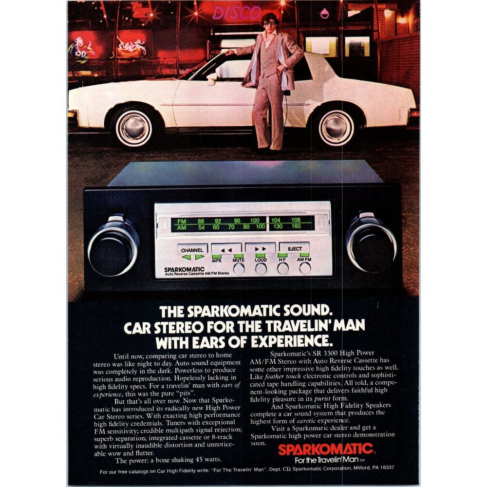 1979 Sparkomatic SR3300 Car Stereo Cassette Vintage Print Ad Disco 70s Wall Art